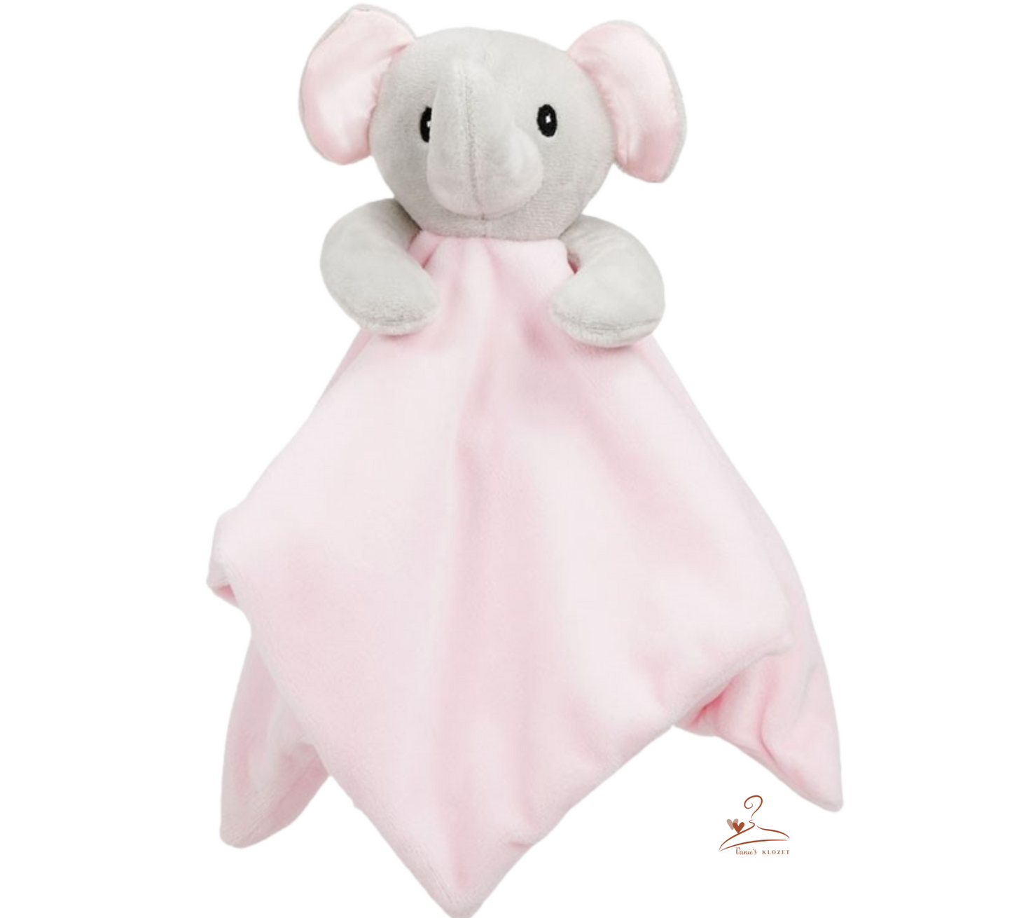 Doudou éléphant gris/rose ultra-doux avec tissu en peluche et lange blanc – Compagnon réconfortant pour bébés.
